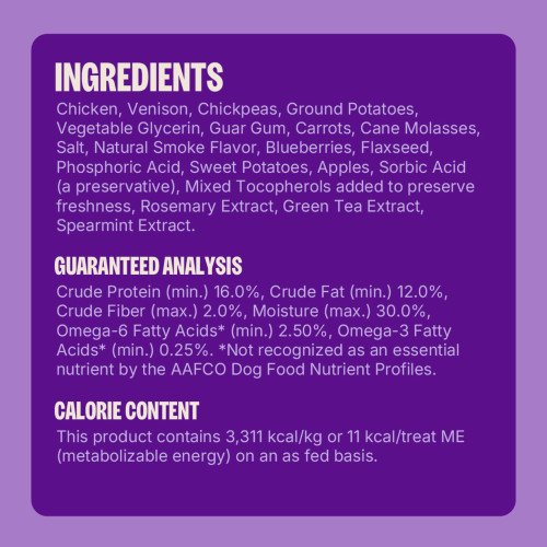Chicken, Ground Potatoes, Venison, Vegetable Glycerin, Guar Gum, Carrots, Cane Molasses, Sunflower Lecithin, Salt, Natural Smoke Flavor, Blueberries, Flaxseed, Phosphoric Acid, Sweet Potatoes, Apples, Sorbic Acid (a preservative), Mixed Tocopherols (added to preserve freshness), Rosemary Extract, Green Tea Extract, Spearmint Extract.