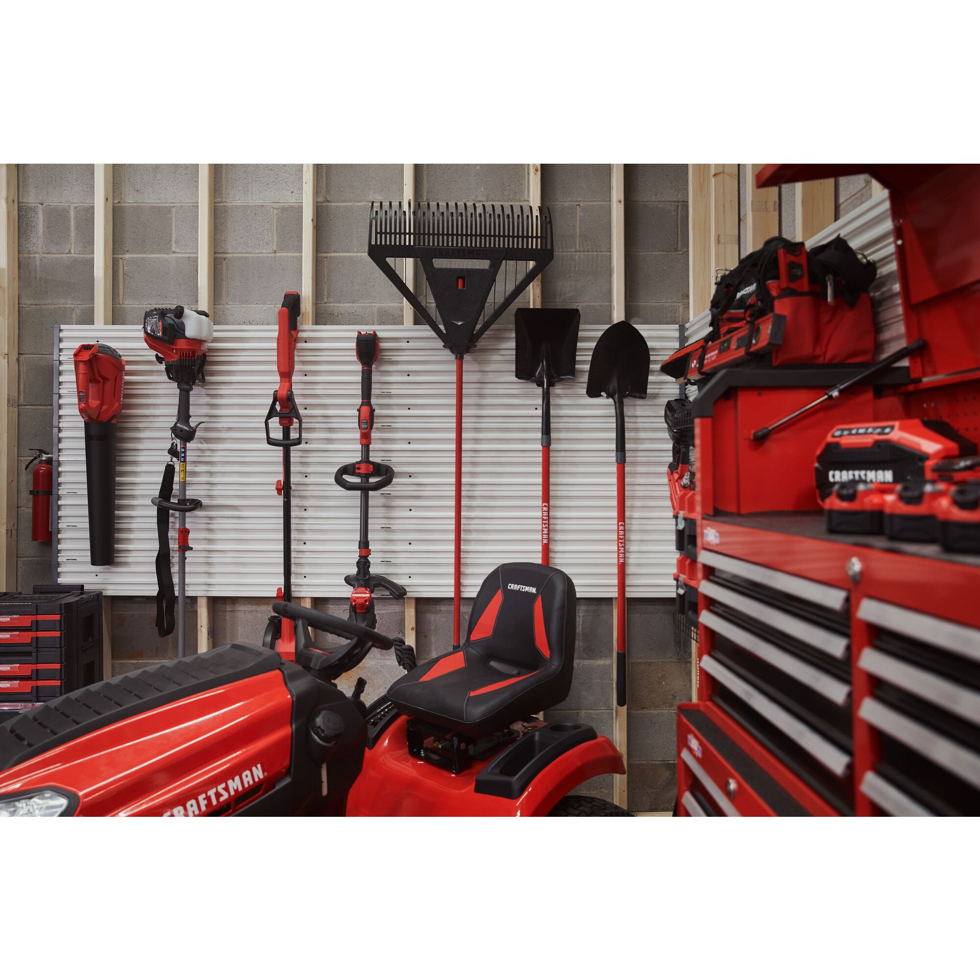 Garage filled with CRAFSTMAN outdoor, storage, and power tools