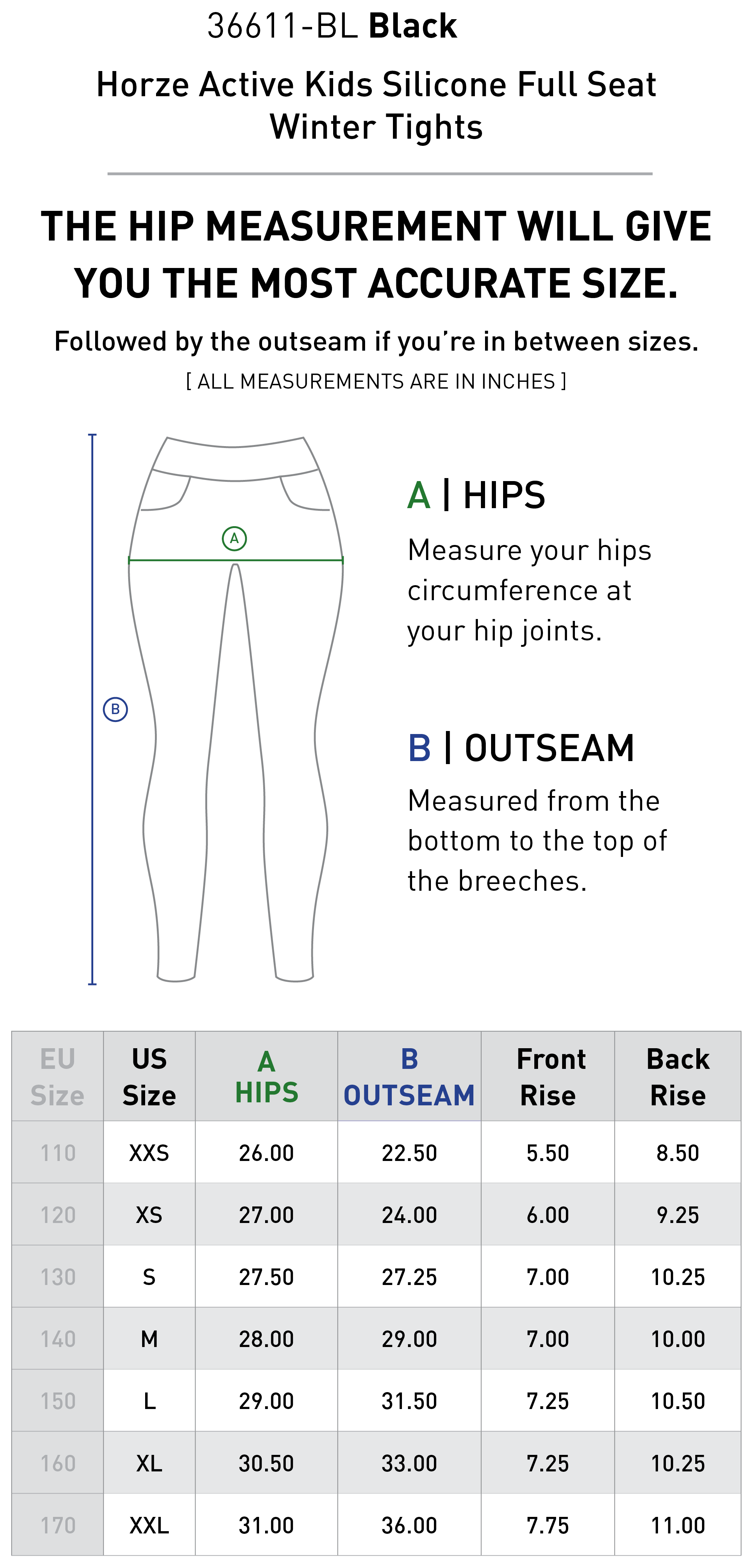 Size chart for Horze Active Kids Silicone Full Seat Winter Tights - Black