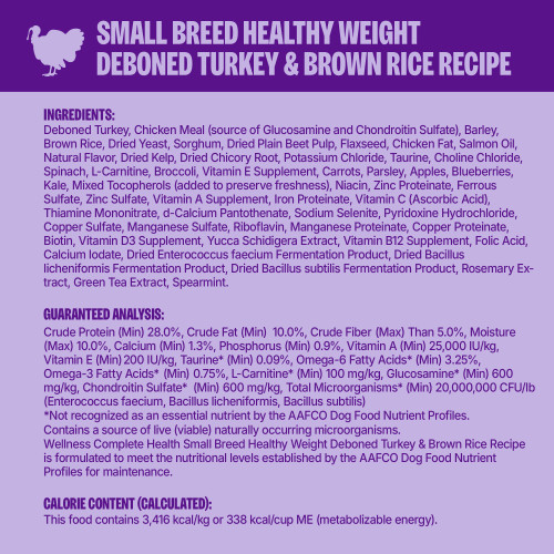 Deboned Turkey, Chicken Meal (source of Glucosamine and Chondroitin Sulfate), Barley,  Brown Rice, Dried Yeast, Sorghum, Dried Plain Beet Pulp, Flaxseed, Chicken Fat, Salmon Oil, Natural Flavor, Dried Kelp, Dried Chicory Root, Potassium Chloride, Taurine, Choline Chloride, Spinach, L-Carnitine, Broccoli, Vitamin E Supplement, Carrots, Parsley, Apples, Blueberries, Kale, Mixed Tocopherols (added to preserve freshness), Niacin, Zinc Proteinate, Ferrous Sulfate, Zinc Sulfate, Vitamin A Supplement, Iron Proteinate, Vitamin C (Ascorbic Acid), Thiamine Mononitrate, d-Calcium Pantothenate, Sodium Selenite, Pyridoxine Hydrochloride, Copper Sulfate, Manganese Sulfate, Riboflavin, Manganese Proteinate, Copper Proteinate, Biotin, Vitamin D3 Supplement, Yucca Schidigera Extract, Vitamin B12 Supplement, Folic Acid, Calcium Iodate, Dried Enterococcus faecium Fermentation Product, Dried Bacillus licheniformis Fermentation Product, Dried Bacillus subtilis Fermentation Product, Rosemary Extract, Green Tea Extract, Spearmint.