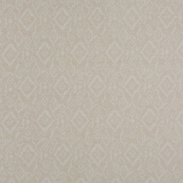 Beige textured wallpaper with faint white ikat-like diamond pattern; repeating across the surface, appearing slightly woven; shown as a flat, evenly lit close-up of an interior wall or fabric swatch.