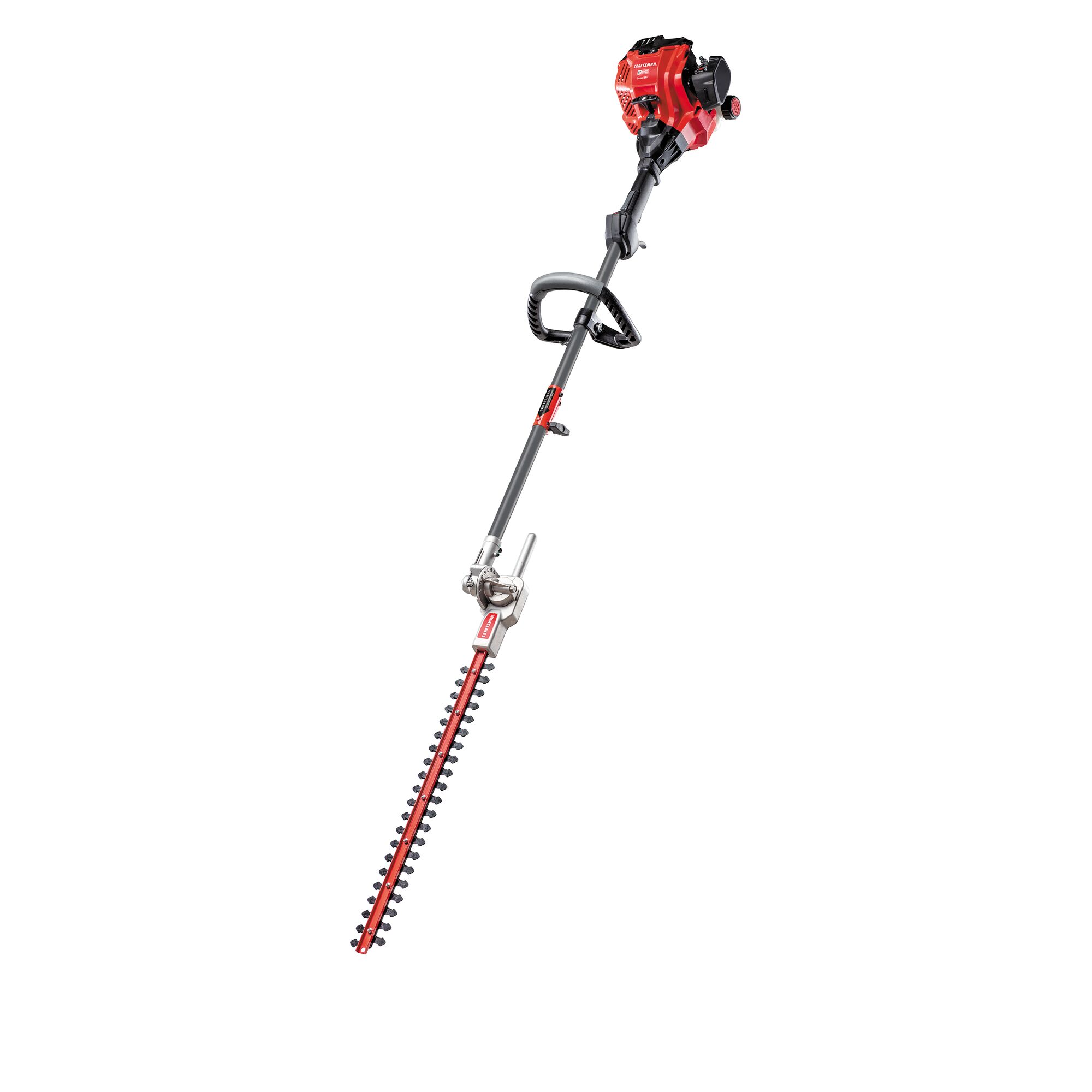 Profile of HT2200 25CC 2 cycle 22 inch attachment capable gas hedge trimmer.
