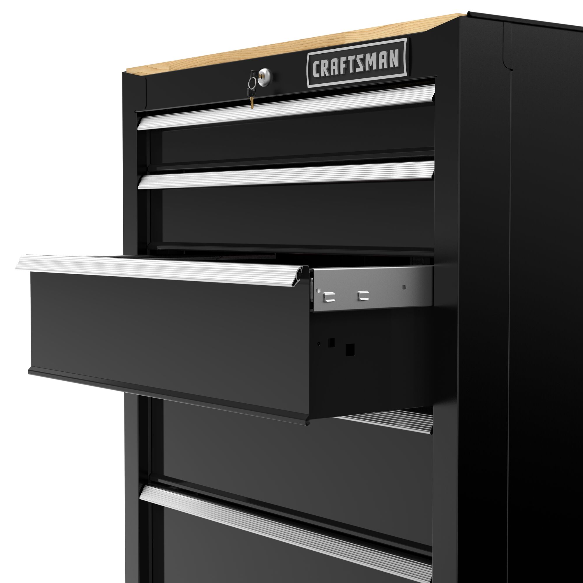 CRAFTSMAN 26.5-in wide 5-drawer base cabinet angled view with drawer open