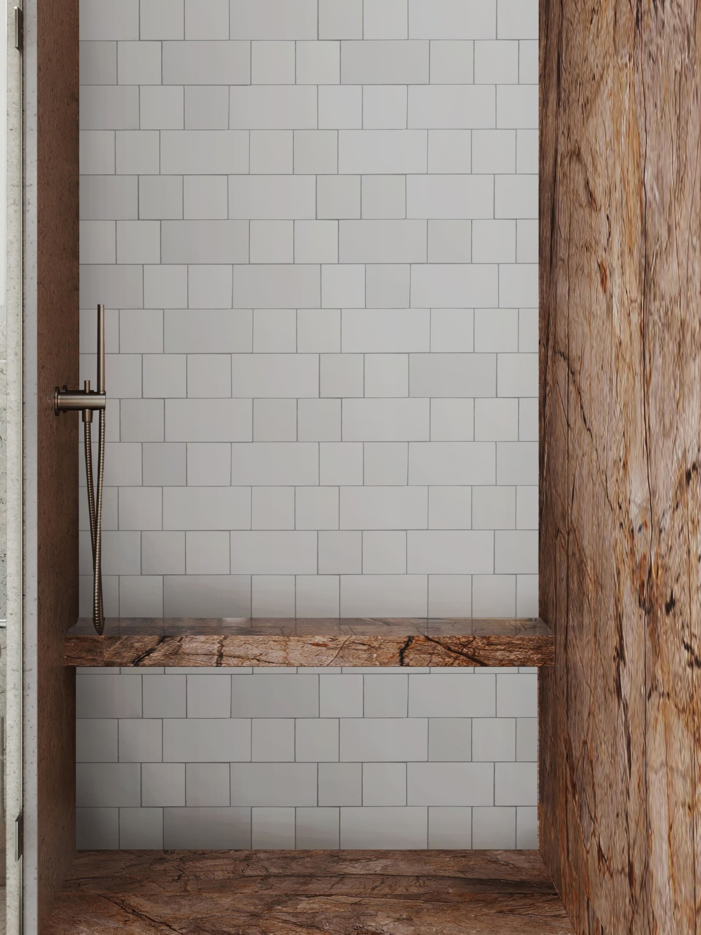 a white tiled shower with a wooden bench.