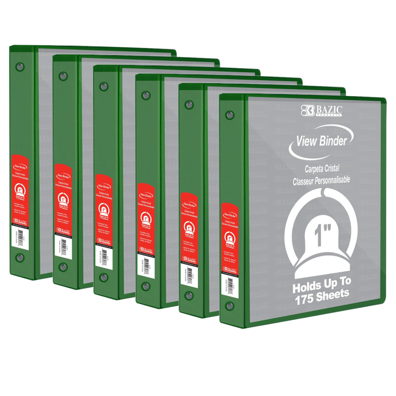 3-Ring View Binder with 2 Pockets, 1", Green, Pack of 6