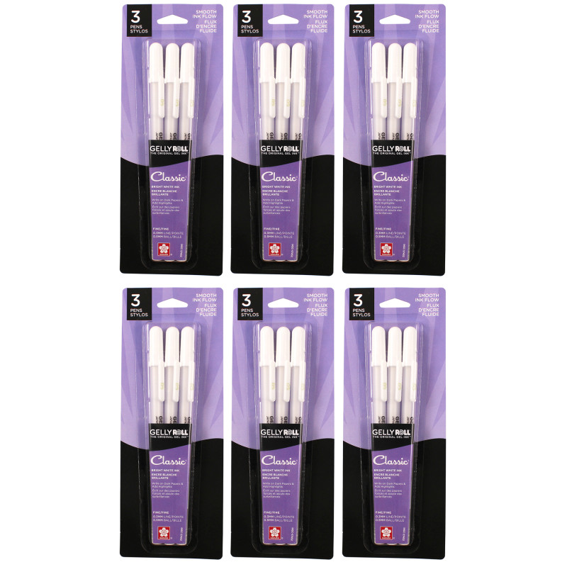 Gelly Roll Classic Gel Ink Pens, 05 Fine, White, 3 Per Pack, 6 Packs