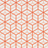 Orange geometric lattice (interlocking isometric cube outlines) repeating across a white surface; forming tessellated cube shapes; appears as printed wallpaper or fabric under even, bright lighting.