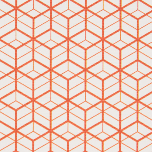 Orange geometric lattice (interlocking isometric cube outlines) repeating across a white surface; forming tessellated cube shapes; appears as printed wallpaper or fabric under even, bright lighting.