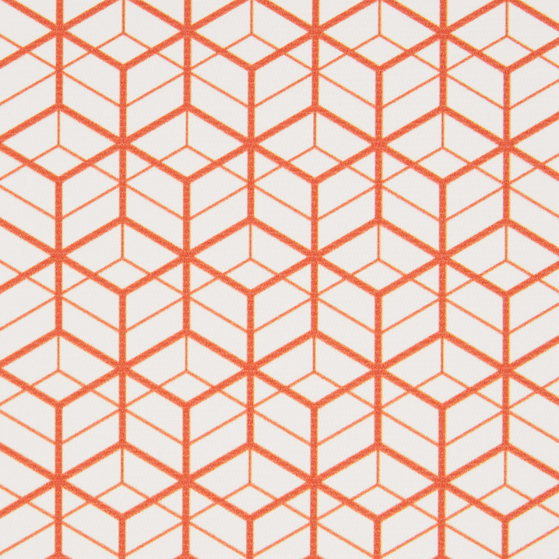 Orange geometric lattice (interlocking isometric cube outlines) repeating across a white surface; forming tessellated cube shapes; appears as printed wallpaper or fabric under even, bright lighting.