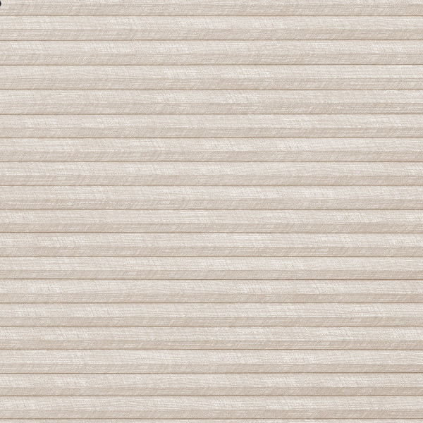 Beige pleated cellular blind covering entire frame, fully lowered and closed with horizontal folds; filtering soft diffuse indoor light against a textured fabric surface.