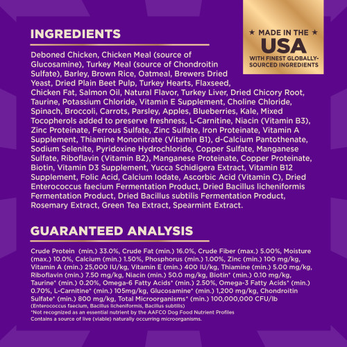 <p>Deboned Chicken, Chicken Meal (source of Glucosamine), Turkey Meal (source of Chondroitin Sulfate), Barley, Brown Rice, Oatmeal, Brewers Dried Yeast, Dried Plain Beet Pulp, Turkey Hearts, Flaxseed, Chicken Fat, Salmon Oil, Natural Flavor, Turkey Liver, Dried Chicory Root, Taurine, Potassium Chloride, Vitamin E Supplement, Choline Chloride, Spinach, Broccoli, Carrots, Parsley, Apples, Blueberries, Kale, Mixed Tocopherols added to preserve freshness, L-Carnitine, Niacin (Vitamin B3), Zinc Proteinate, Ferrous Sulfate, Zinc Sulfate, Iron Proteinate, Vitamin A Supplement, Thiamine Mononitrate (Vitamin B1), d-Calcium Pantothenate, Sodium Selenite, Pyridoxine Hydrochloride, Copper Sulfate, Manganese Sulfate, Riboflavin (Vitamin B2), Manganese Proteinate, Copper Proteinate, Biotin, Vitamin D3 Supplement, Yucca Schidigera Extract, Vitamin B12 Supplement, Folic Acid, Calcium Iodate, Ascorbic Acid (Vitamin C), Dried Enterococcus faecium Fermentation Product, Dried Bacillus licheniformis Fermentation Product, Dried Bacillus subtilis Fermentation Product, Rosemary Extract, Green Tea Extract, Spearmint Extract.</p>
<p>This is a naturally preserved product									</p>
