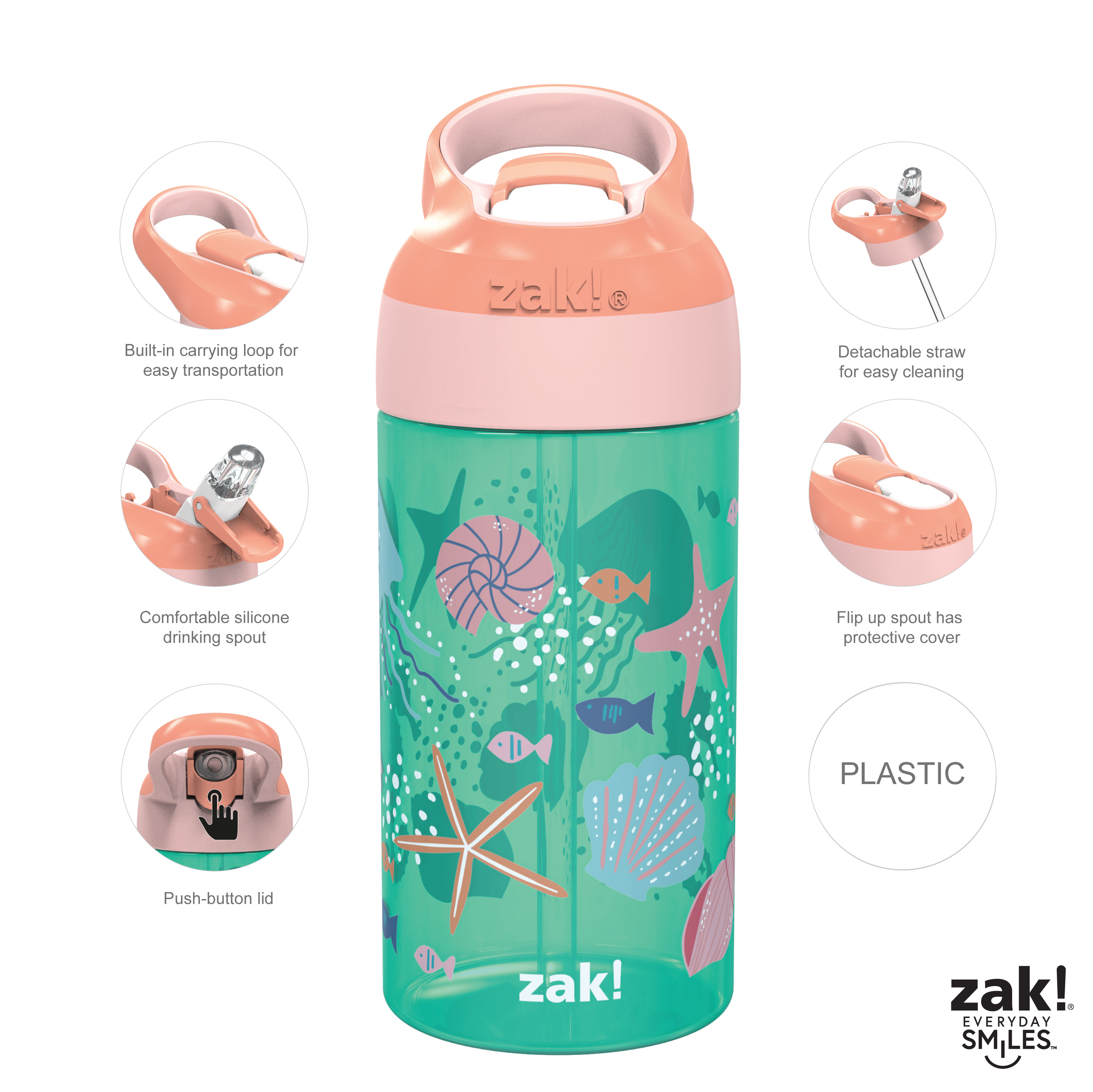 Zak Hydration 16 ounce Water Bottle, Unicorns and Seashells, 2-piece set slideshow image 10