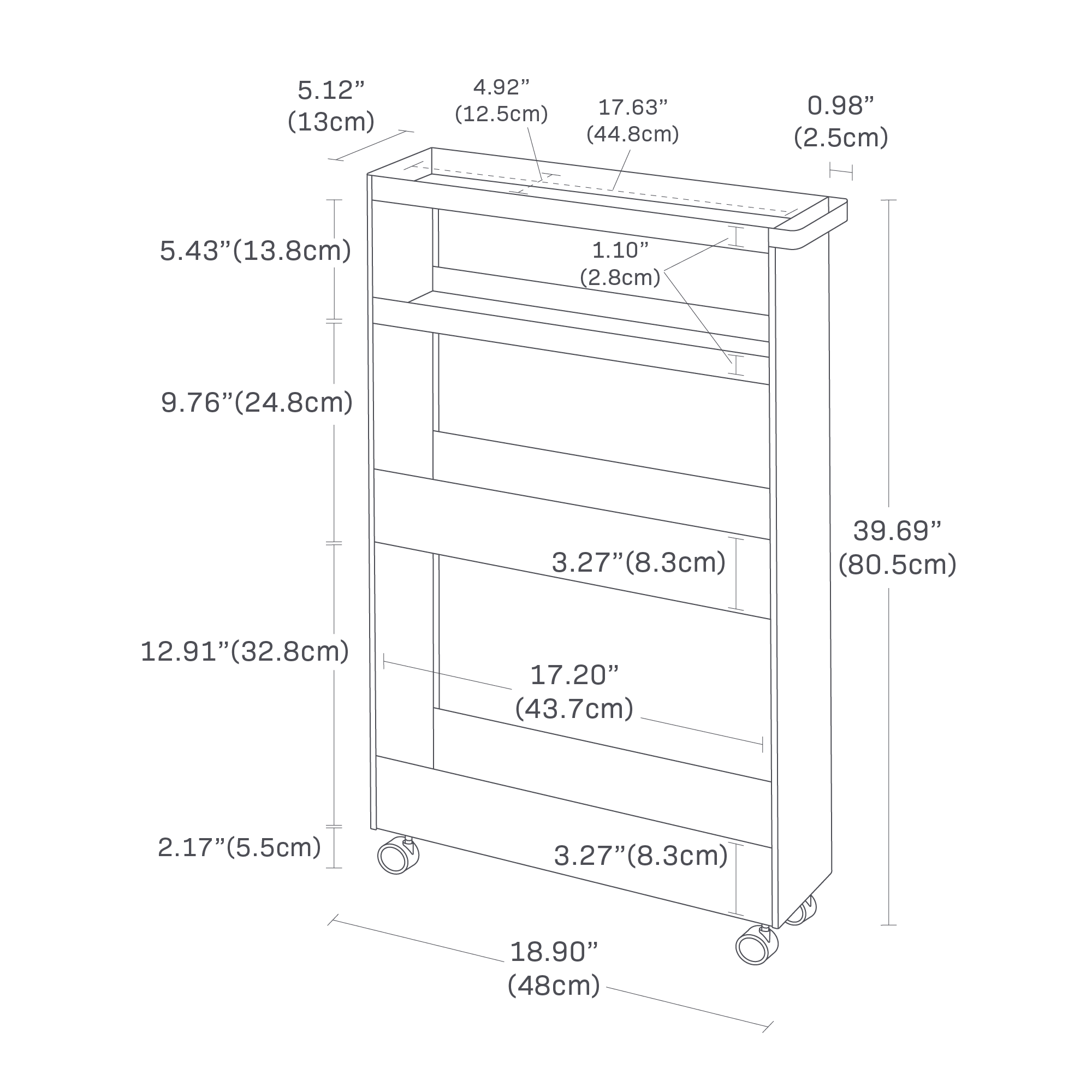 Dimension image for Slim Rolling Wagon with dimensions: height is 31.69", width is 18.90", depth is 5.12". Shelves are spaced at 4.92", 5.43", 9.76", and 12.91". The top section depth is 0.98", shelf widths are 17.63", 17.20", and 17.20", caster height is 2.17".