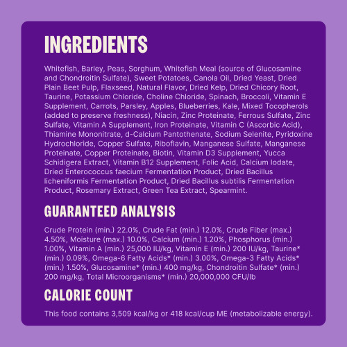 Whitefish, Barley, Peas, Sorghum, Whitefish Meal (source of Glucosamine and Chondroitin Sulfate), Sw…