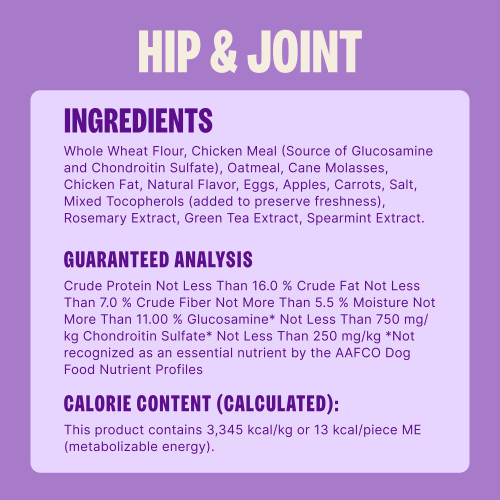 Whole Wheat Flour, Chicken Meal (Source of Glucosamine and Chondroitin Sulfate), Oatmeal, Cane Molasses, Chicken Fat, Natural Flavor, Eggs, Apples, Carrots, Salt, Mixed Tocopherols (added to preserve freshness), Rosemary Extract, Green Tea Extract, Spearmint Extract.