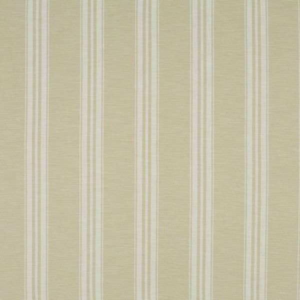 Beige-and-cream vertical striped fabric wallpaper with alternating thin and wider textured bands; covering a flat wall surface, providing subtle, neutral decoration under soft, even lighting.