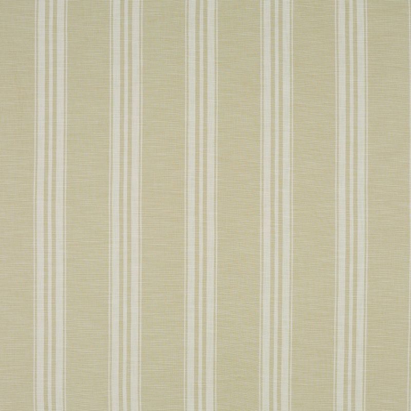 Beige-and-cream vertical striped fabric wallpaper with alternating thin and wider textured bands; covering a flat wall surface, providing subtle, neutral decoration under soft, even lighting.