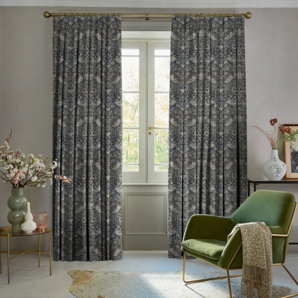 William Morris Strawberry Thief Dusk luxury curtains for heritage-inspired living room