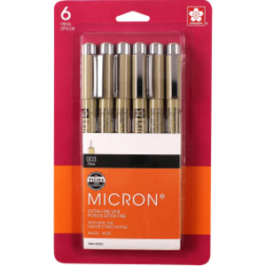 Pigma Micron Pens, Black, Size 003, 6-Pack, Blister Card