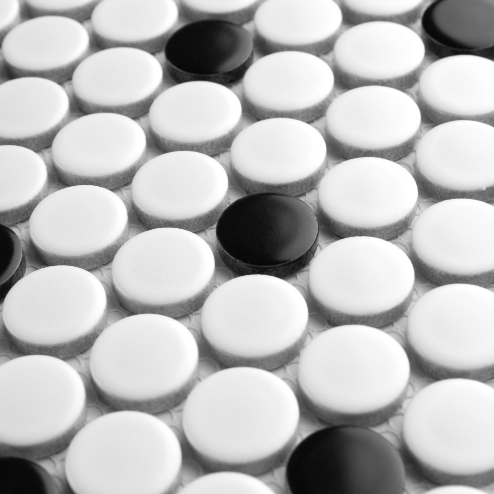 Sample – Metro Penny Matte White w/Black Dot Porcelain Mosaic Tile