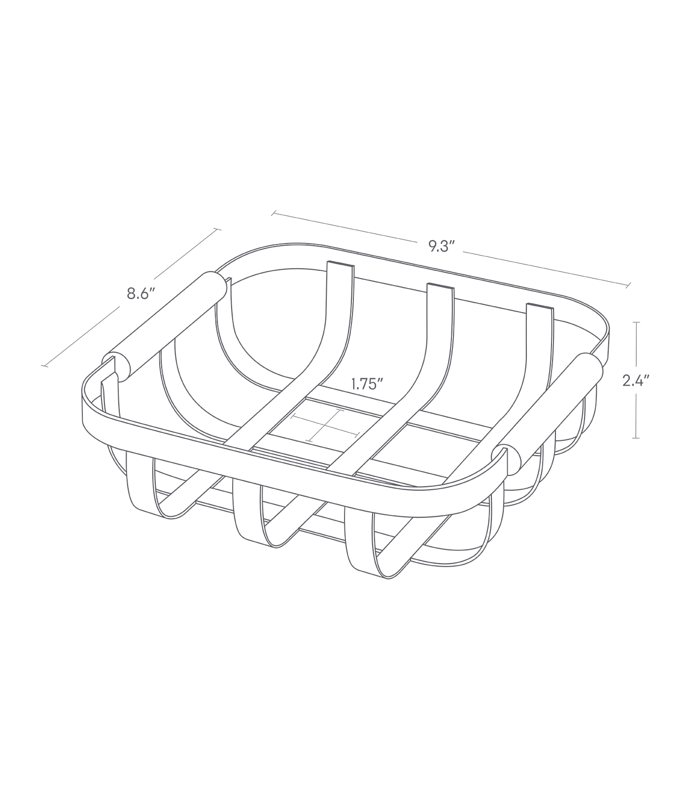 Dimension image for Fruit Basket showing total height of 2.4 inches, length of 8.6 inches, width of 9.3 inches and 1.75 inches between the wires.