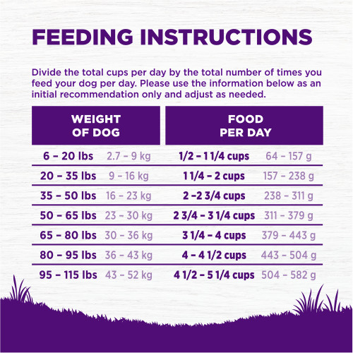 <p>Standard measuring cup holds approximately 3.9 oz (111g) of Wellness Complete Health Grain Free Deboned Chicken & Chicken Meal Recipe Dog Food.									</p>
<p>Weight of Dog (lbs)	Weight of Dog (kg)	Cups per Day	Grams per Day<br />
6 – 20	2.7 – 9	1/2 – 1 1/4	64 – 157<br />
20 – 35	9 – 16	1 1/4 – 2	157-238<br />
35 – 50	16 – 23	2 – 2 3/4	238 – 311<br />
50 – 65	23 – 30	2 3/4 – 3 1/4	311 – 379<br />
65 – 80	30 – 36	3 1/4 – 4	379 – 443<br />
80 – 95	36 – 43	4 – 4 1/2	443 – 504<br />
95 – 115	43 – 52	4 1/2 – 5 1/4	504 – 582						</p>
<p>Dogs over 115 lbs (52kg): Add approximately 1/3 cup (35g) for every 10 lbs (4.5kg) over 115 lbs.									</p>
<p>Combination Feeding: If feeding with Wellness wet food, reduce dry amount fed by 1/2 cup (49g) for every 6 oz (170g) of wet food.									</p>
