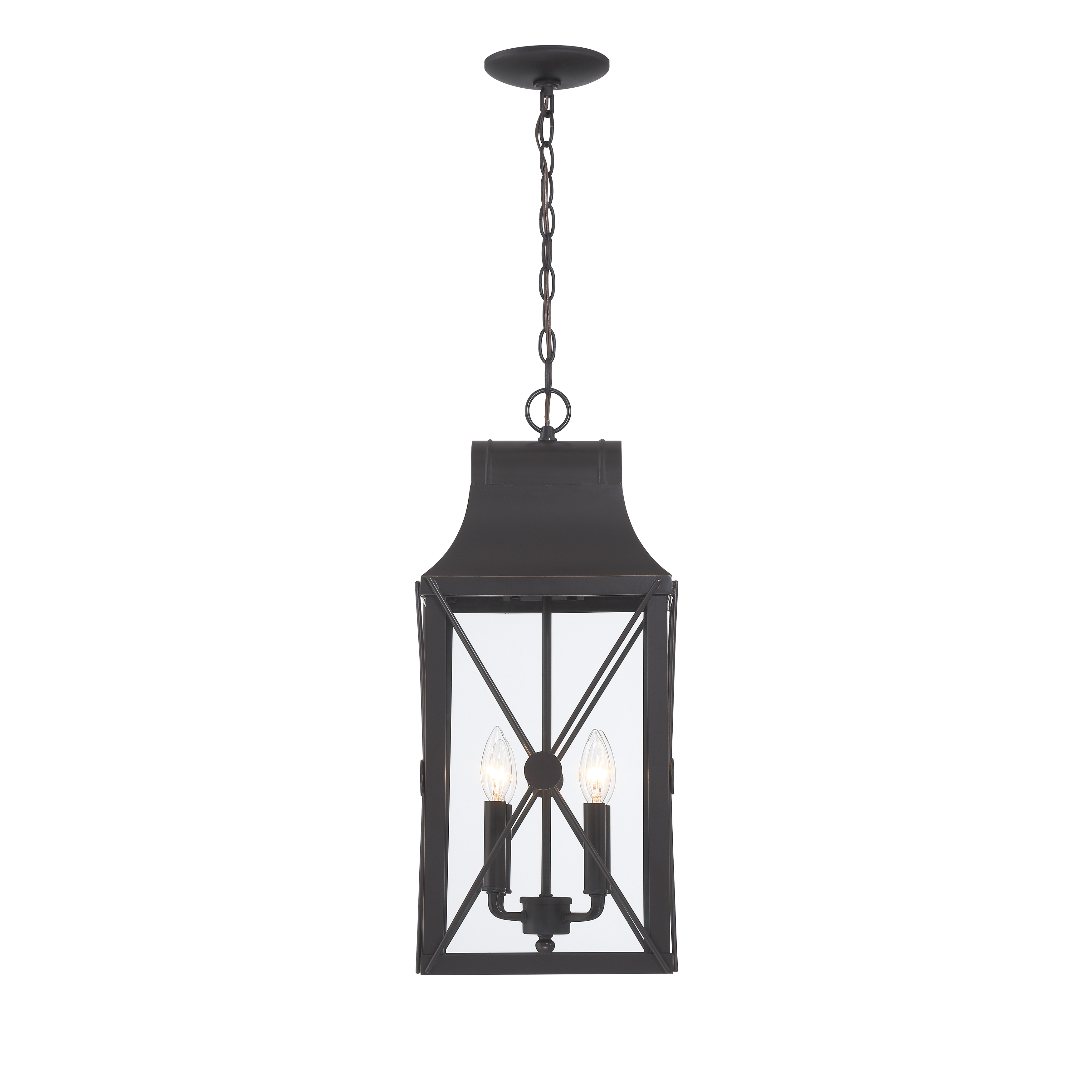 The De Luz outdoor lantern brings traditional elegance to exterior spaces with its oil rubbed bronze finish accented by gold highlights. Four candelabra bulbs provide ample illumination through clear glass panels. - alternate view