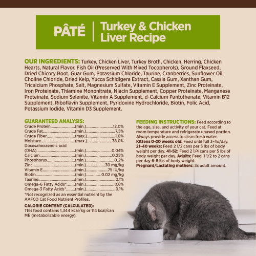 <p>Turkey, Chicken Liver, Turkey Broth, Chicken, Herring, Chicken Hearts, Natural Flavor, Fish Oil (Preserved With Mixed Tocopherols), Ground Flaxseed, Dried Chicory Root, Guar Gum, Potassium Chloride, Taurine, Cranberries, Sunflower Oil, Choline Chloride, Dried Kelp, Yucca Schidigera Extract, Cassia Gum, Xanthan Gum, Tricalcium Phosphate, Salt, Magnesium Sulfate, Vitamin E Supplement, Zinc Proteinate, Iron Proteinate, Thiamine Mononitrate, Niacin Supplement, Copper Proteinate, Manganese Proteinate, Sodium Selenite, Vitamin A Supplement, d-Calcium Pantothenate, Vitamin B12 Supplement, Riboflavin Supplement, Pyridoxine Hydrochloride, Biotin, Folic Acid, Potassium Iodide, Vitamin D3 Supplement.</p>

