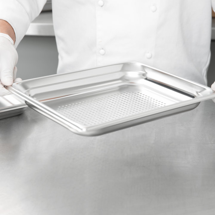 Half-size 1 ½-inch-deep Super Pan 3® perforated stainless steel steam table pan