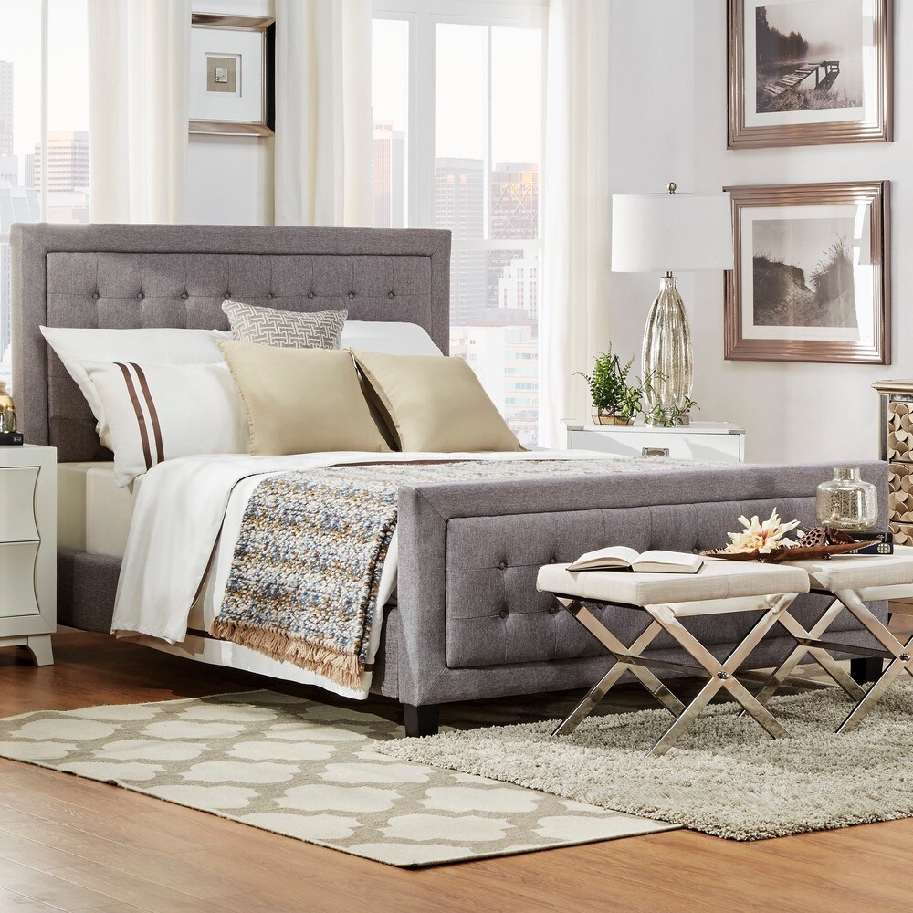Square Button-Tufted Upholstered Platform Bed with Footboard