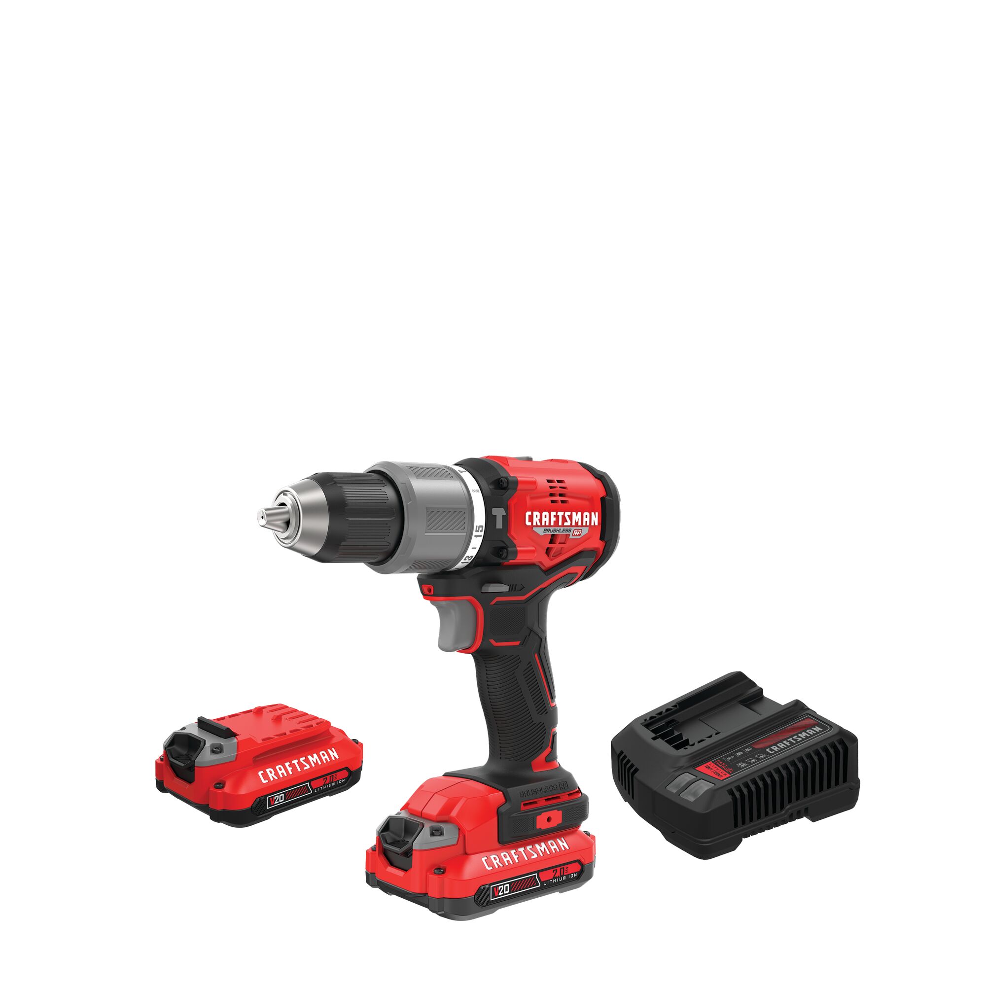 Hammer drill kit with two batteries on white background