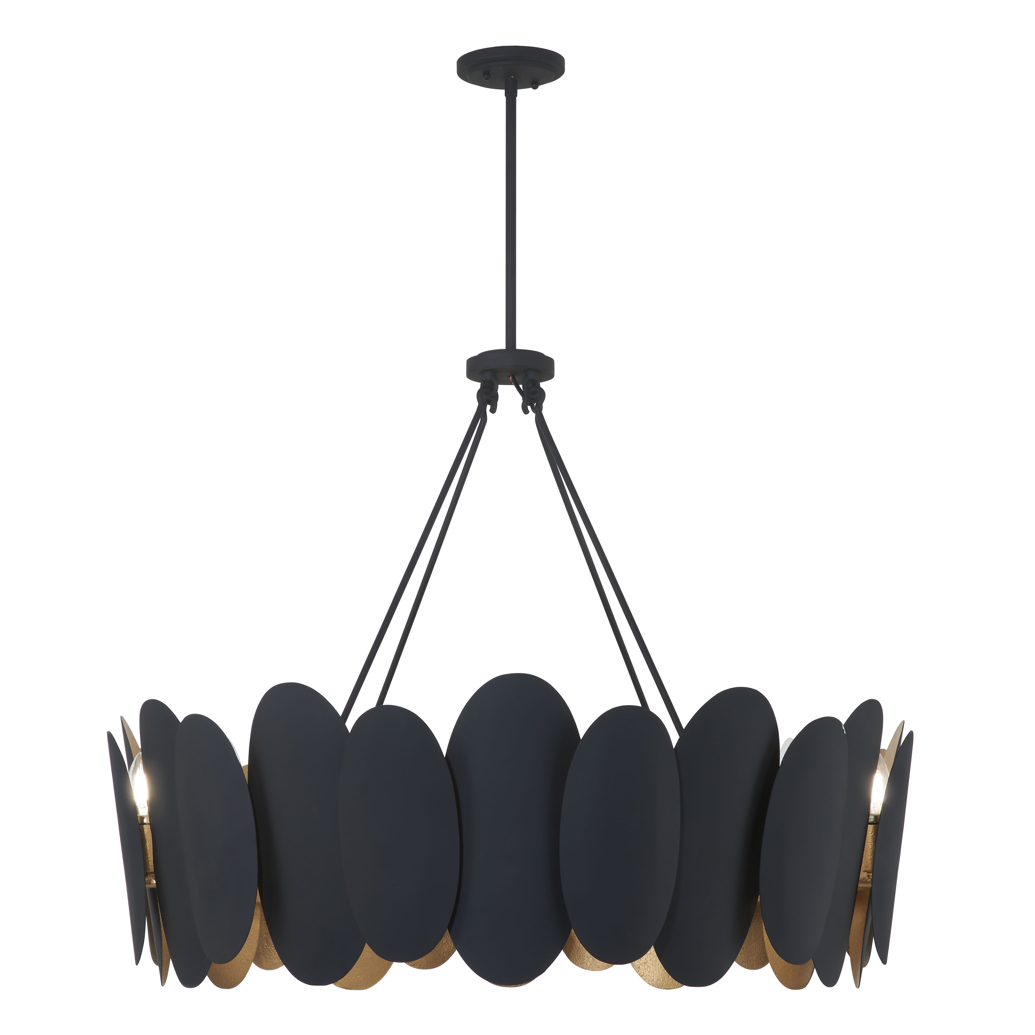 The Vailen 36" pendant makes a striking statement with its generous scale and sophisticated two-tone finish. Twelve candelabra lights provide ample illumination while the dark matte black and textured gold create visual drama perfect for transitional and contemporary interiors. - alternate view