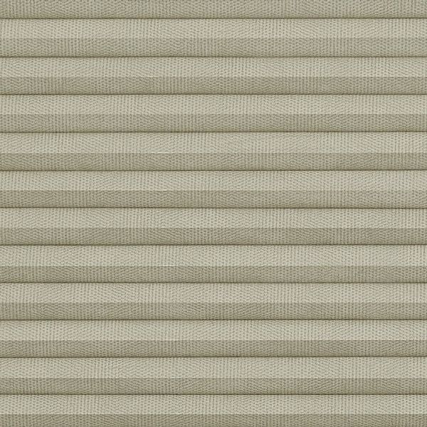 Beige pleated cellular fabric blind, horizontal folded slats with woven texture, fully closed and blocking light; close-up view with soft, even lighting, no visible window or room.