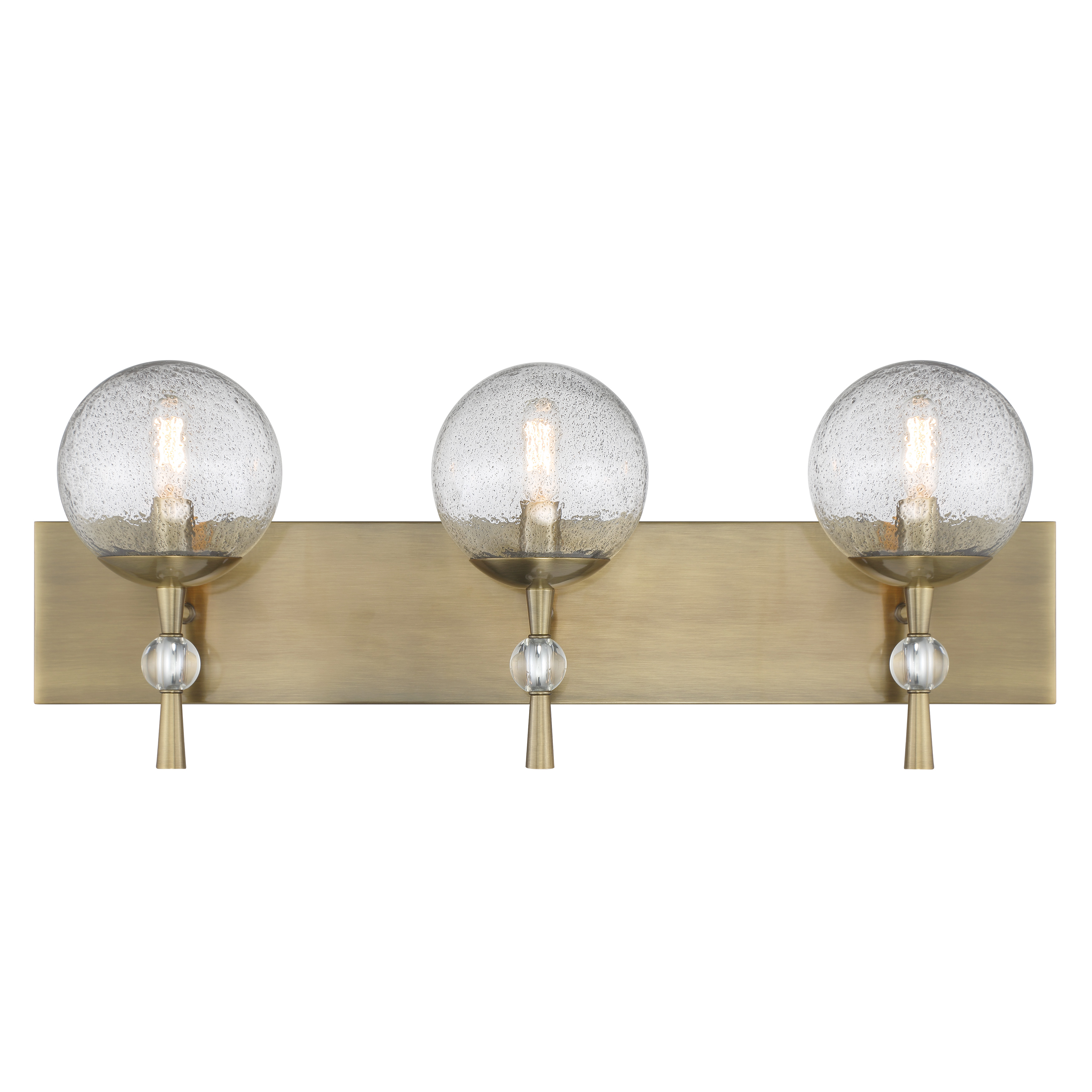 The Populuxe 3-Light Bath Vanity combines oxidized aged brass with striking volcanic glass shades for a sophisticated modern aesthetic. At 28 inches wide, it provides excellent illumination for medium to large vanities while adding dramatic visual interest. - alternate view