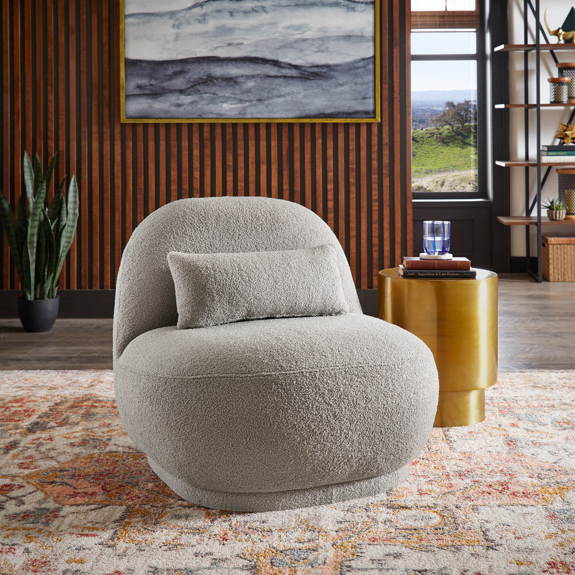 Modern Boucle Lounge Chair with Rounded Design and Lumbar Pillow