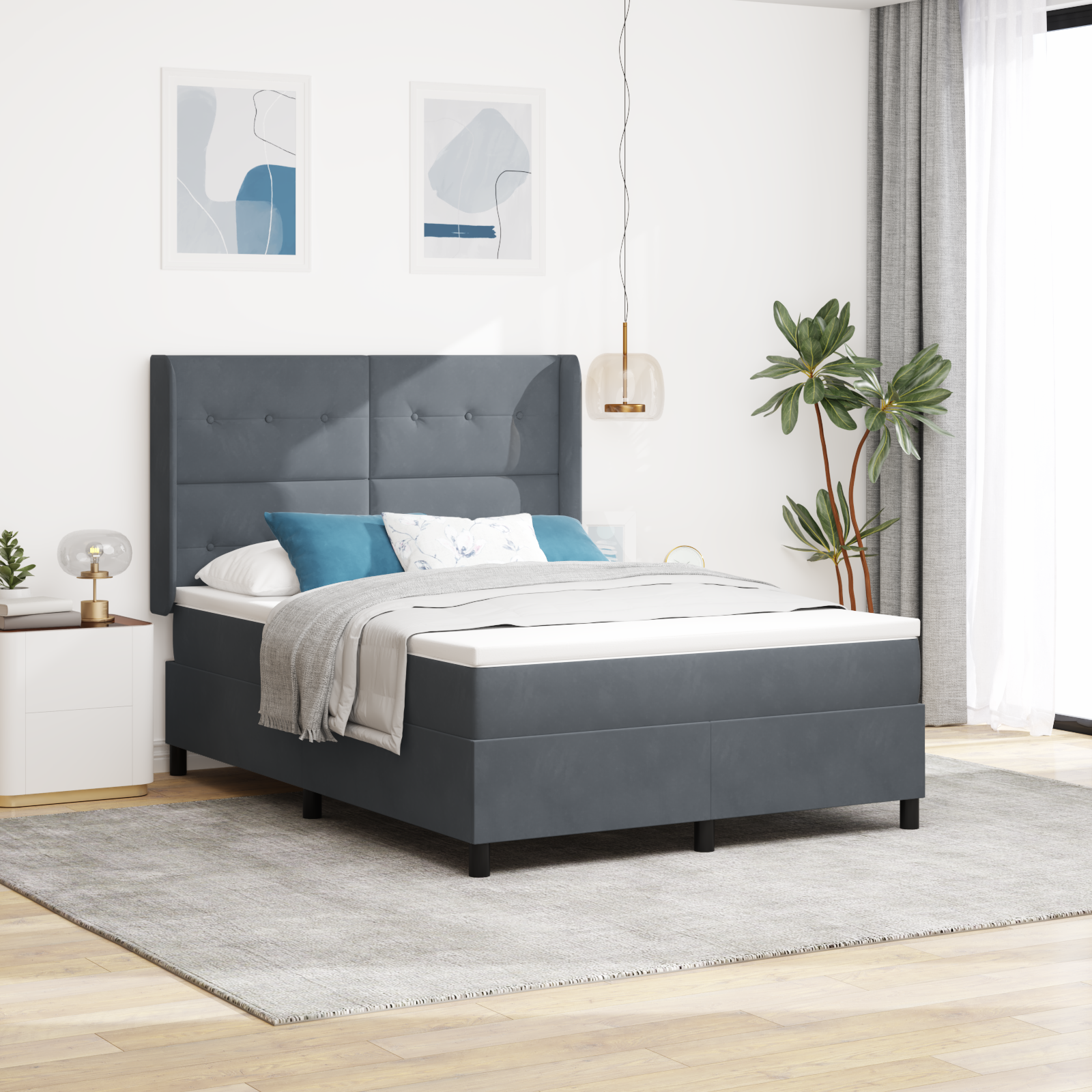 Box Spring voodi madratsi ja LEDiga Tumesinine 140x190 cm Velvet