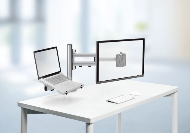 A complete workstation designed to elevate a laptop and a monitor.