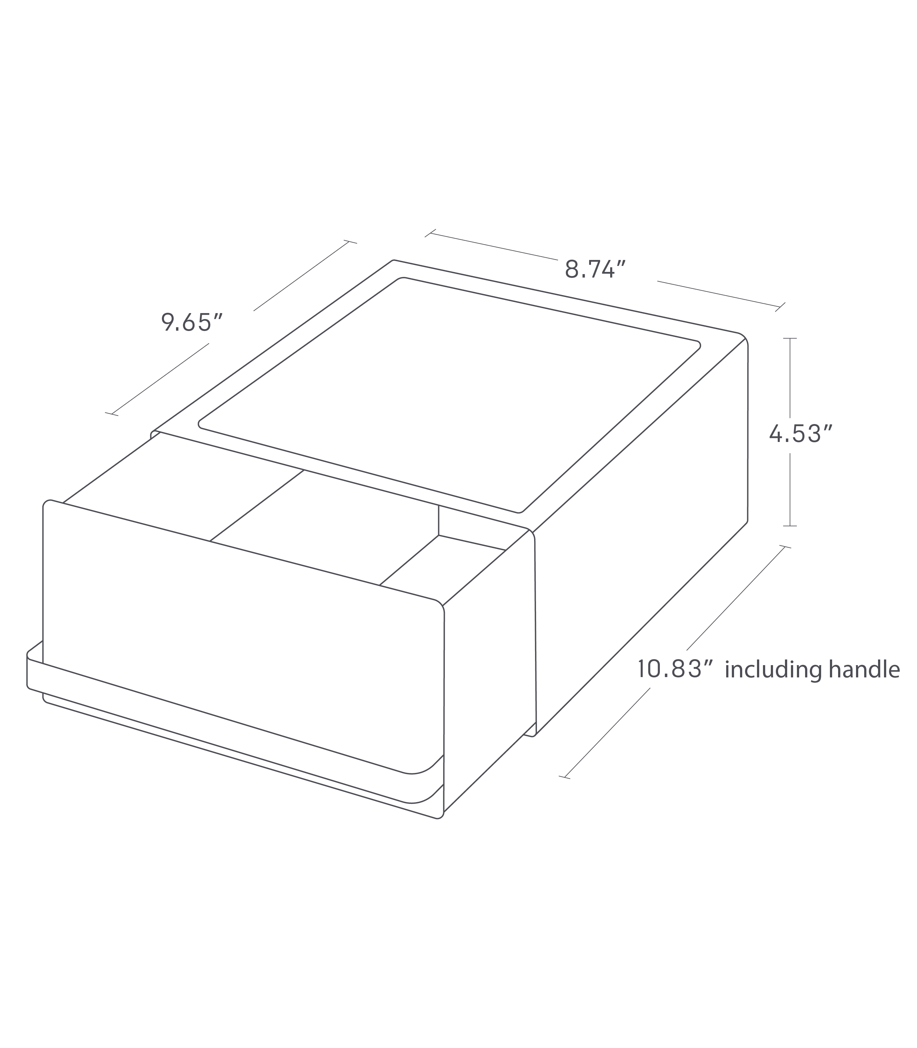 Dimension image for Countertop Rack with Drawer showing dimensions of 10.83 inches in length including handle, 9.65 inches in length excluding handle, 8.74 inches in width, and 4.53 inches in height