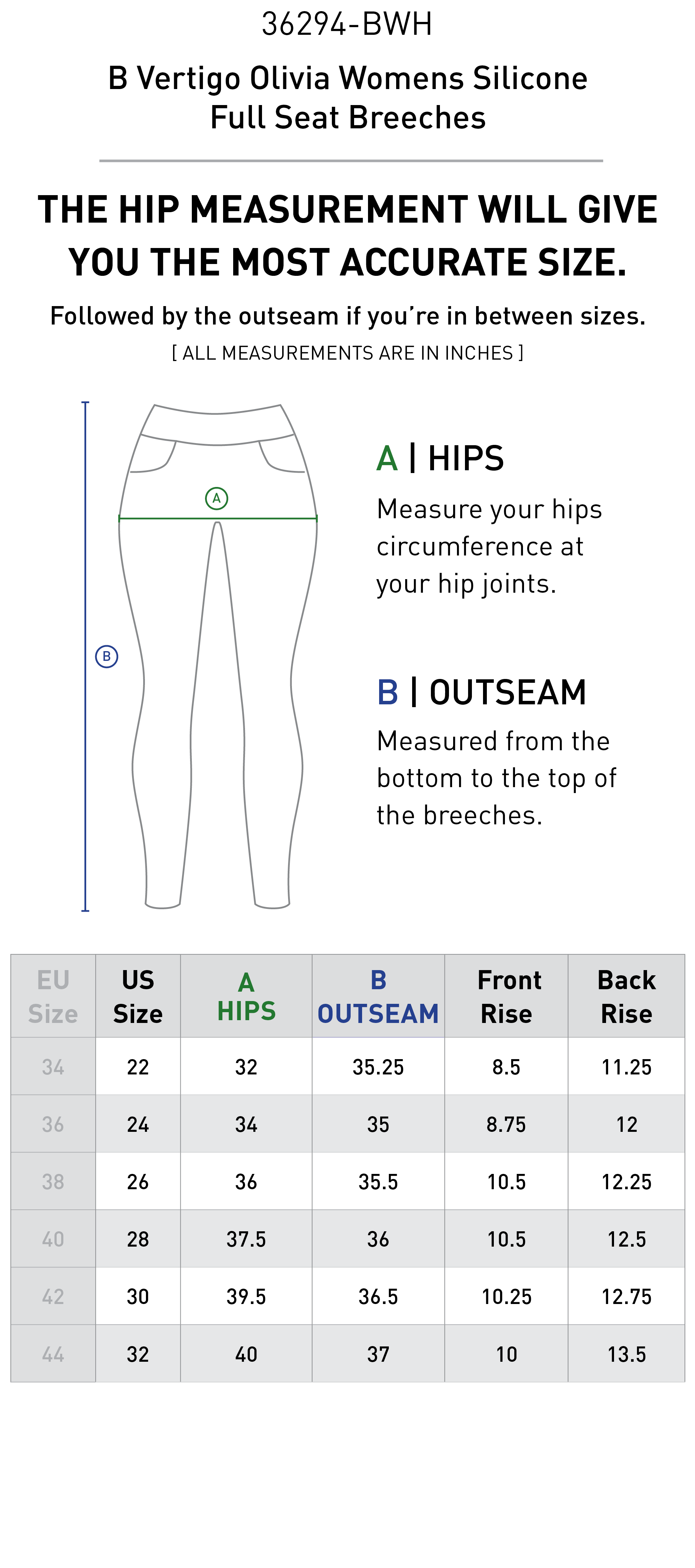 Size chart for B Vertigo Olivia Womens Silicone Full Seat Breeches - Bright White