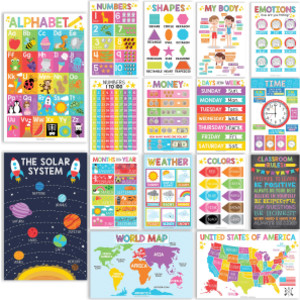 Colorful Preschool Educational Laminated Posters For Toddlers, Set of 16