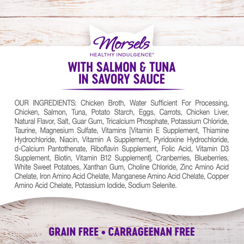 <p>Chicken Broth, Water Sufficient For Processing, Chicken, Salmon, Tuna, Potato Starch, Eggs, Carrots, Chicken Liver, Natural Flavor, Salt, Guar Gum, Tricalcium Phosphate, Potassium Chloride, Taurine, Magnesium Sulfate, Vitamins [Vitamin E Supplement, Thiamine Hydrochloride, Niacin, Vitamin A Supplement, Pyridoxine Hydrochloride, d-Calcium Pantothenate, Riboflavin Supplement, Folic Acid, Vitamin D3 Supplement, Biotin, Vitamin B12 Supplement], Cranberries, Blueberries, White Sweet Potatoes, Xanthan Gum, Choline Chloride, Zinc Amino Acid Chelate, Iron Amino Acid Chelate, Manganese Amino Acid Chelate, Copper Amino Acid Chelate, Potassium Iodide, Sodium Selenite.</p>
