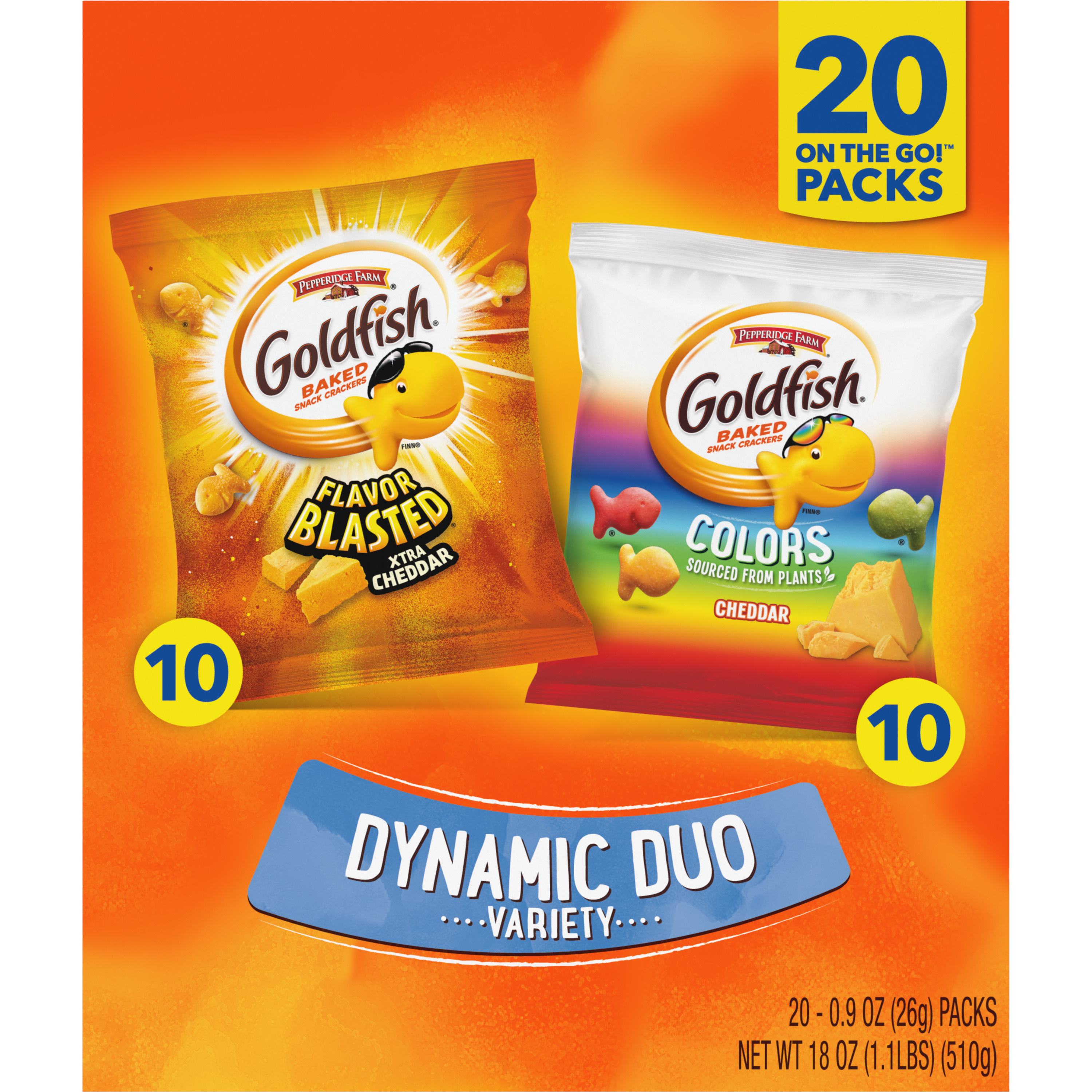Goldfish® Colors Cheddar and Flavor Blasted Xtra Cheddar Crackers, 20 count box, 18 oz, bag - Back Image