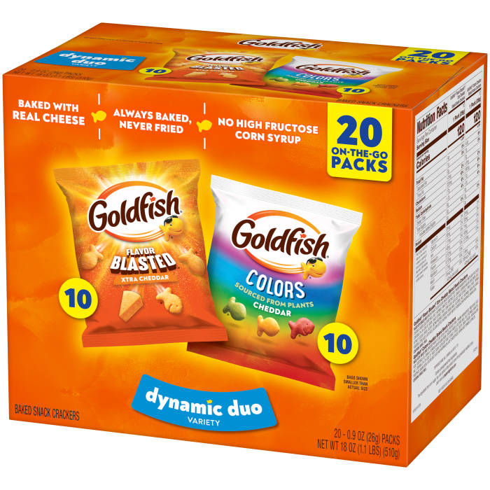 Goldfish® Colors Cheddar and Flavor Blasted Xtra Cheddar Crackers, 20 count box, 18 oz, bag - Right Angle Image