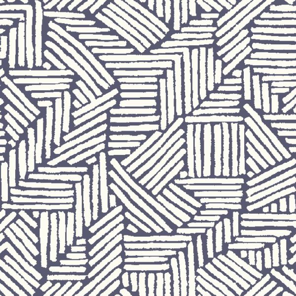 Navy-and-cream geometric wallpaper of short, hand-drawn parallel brushstrokes grouped into angled squares and rectangles, tessellating across the wall to create a repetitive, textured mosaic.
