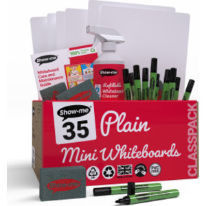 Classpack of 35 x Plain/Plain 8" x 12" Whiteboards, with Pens, Erasers, Cleaner