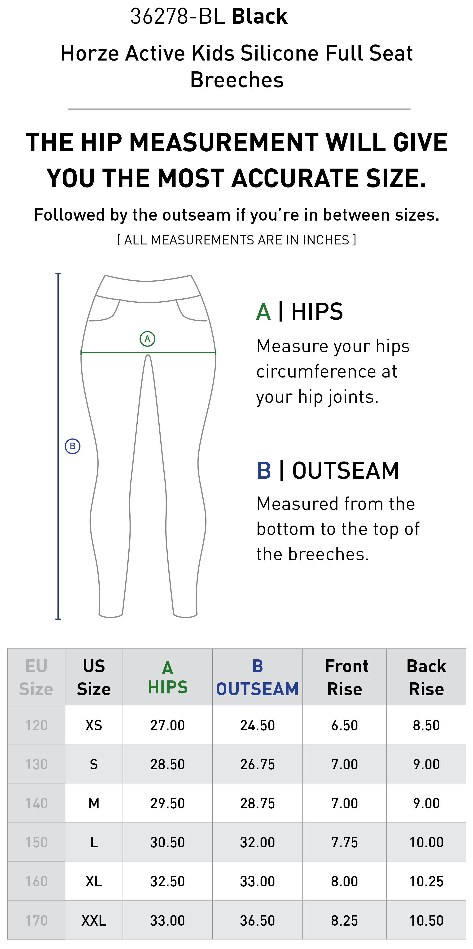 Size chart for Horze Active Kids Silicone Full Seat Breeches - Black