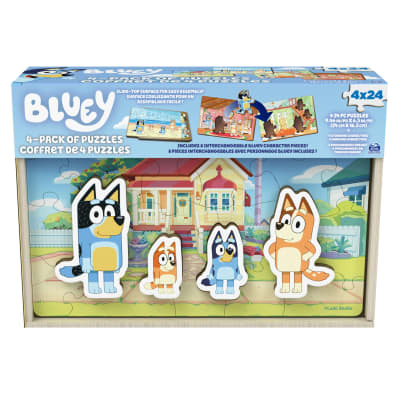 Bluey, 4-Pack of Wooden Puzzles with Bingo, Mum, and Dad Characters, 24 Piece Jigsaw Toy Gift Set, for Kids Aged 3 and up
