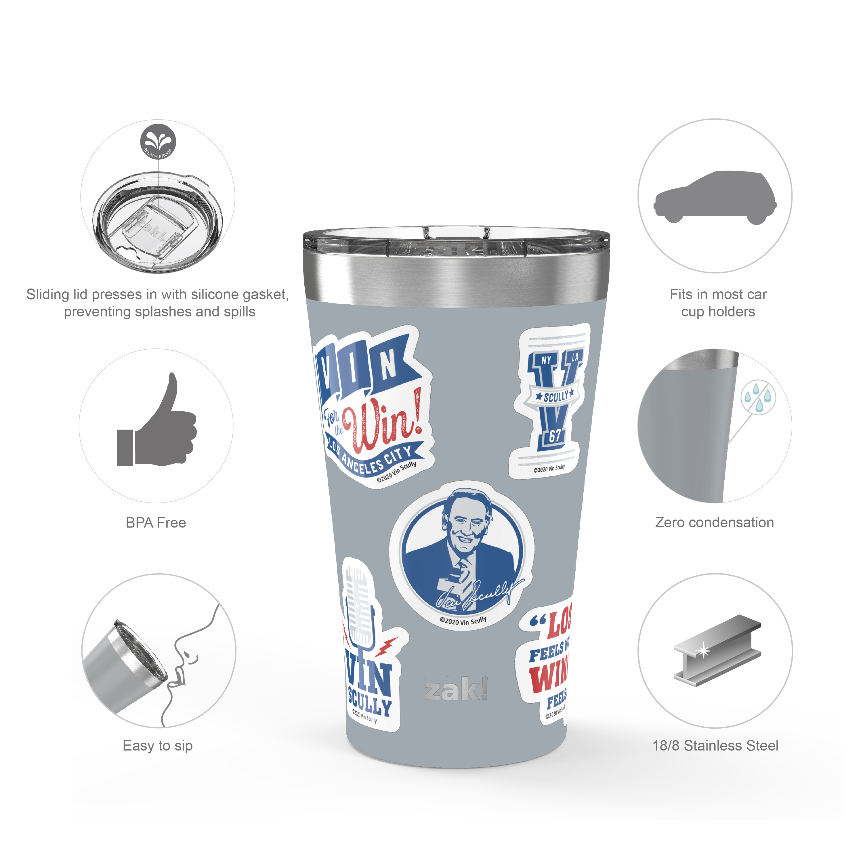 Zak Hydration 20 ounce Vacuum Insulated Stainless Steel Tumbler, Vin Scully, 2-piece set slideshow image 3 Zak Hydration 20 ounce Vacuum Insulated Stainless Steel Tumbler, Vin Scully, 2-piece set slideshow image 3
