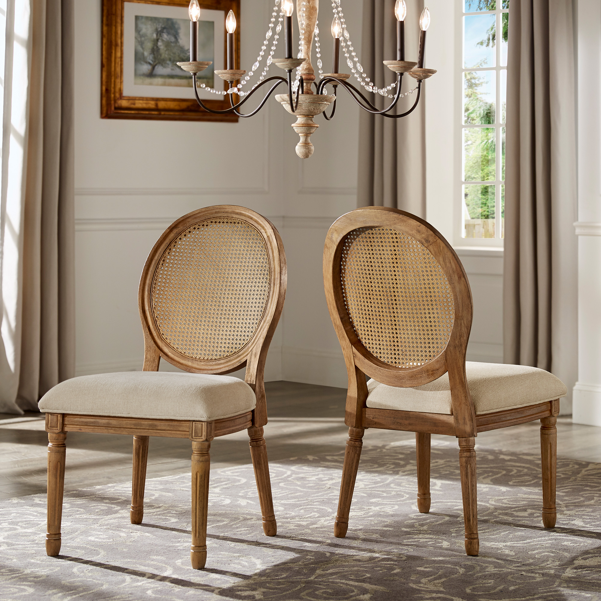 Round Linen and Wood Dining Chairs (Set of 2)