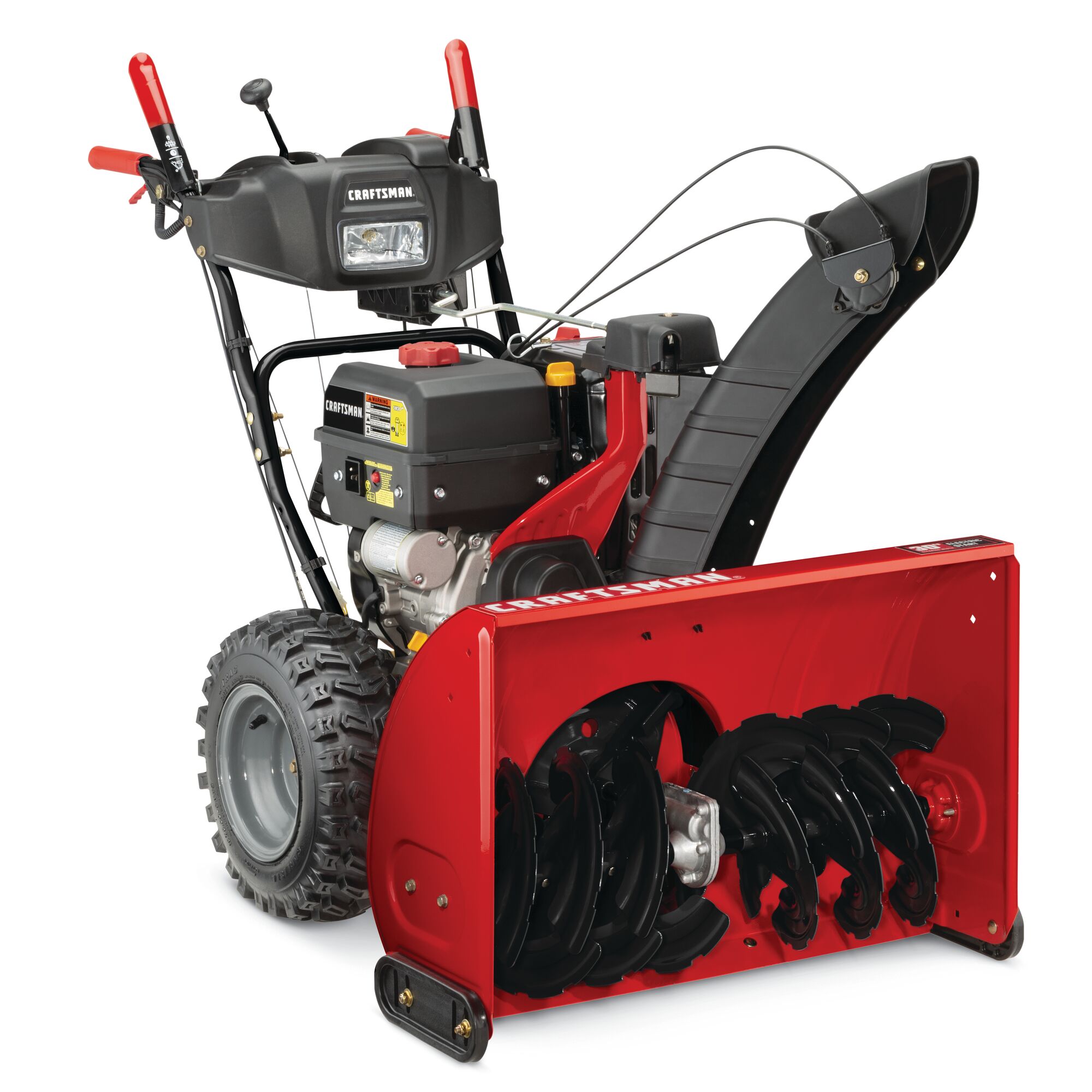 Left profile of 30 inch 357 CC electric start two stage snow blower.